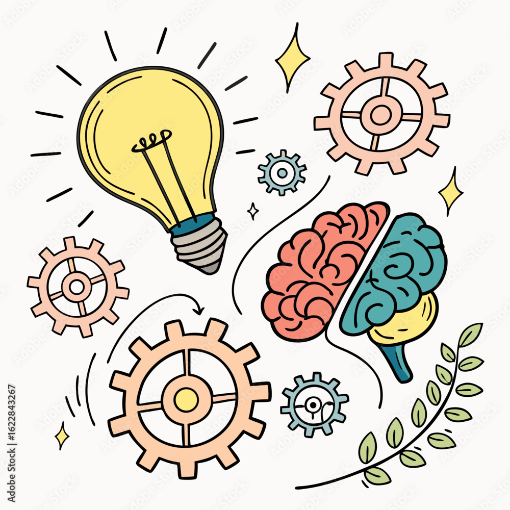 Poster creative idea generation and brainstorming process with gears and lightbulb