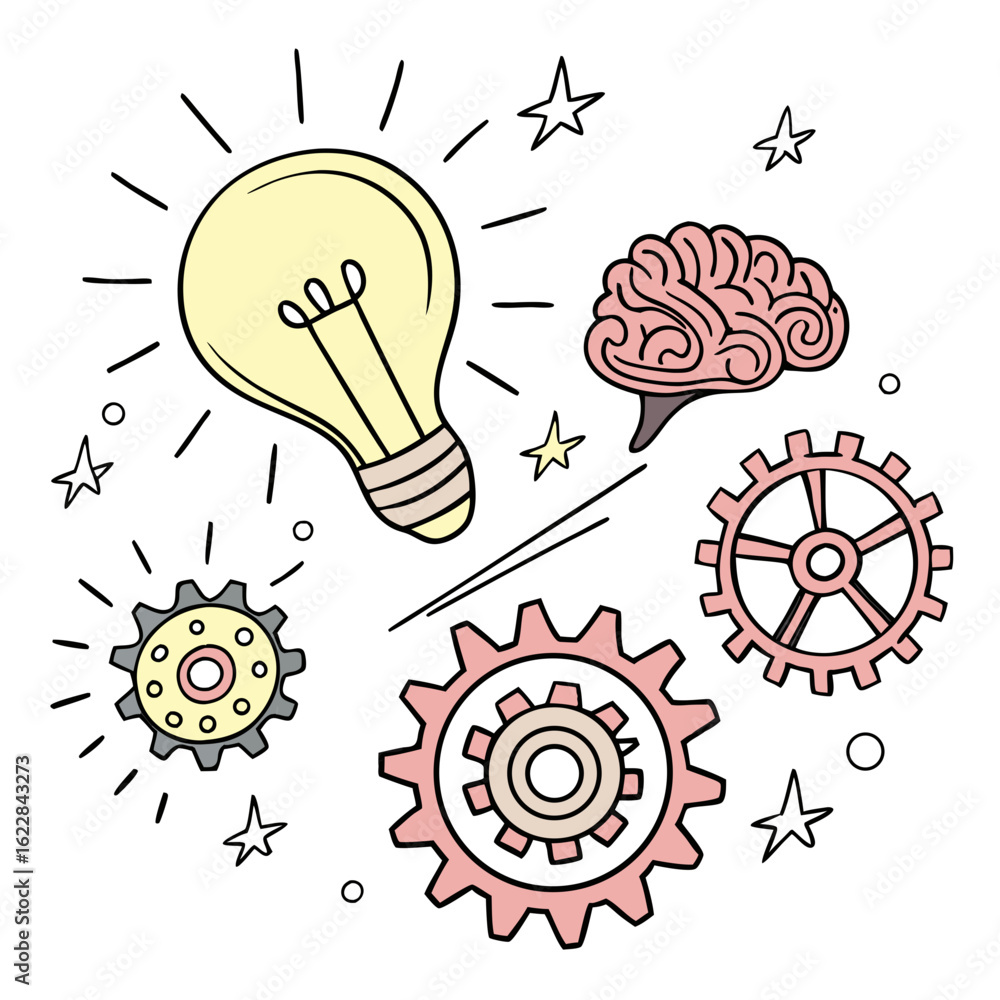 Poster brainstorming idea generation with lightbulb gears and brain