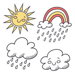 Cute cartoon sun rainbow and rain clouds doodle illustration