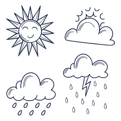 Cute hand drawn weather icons with sun and rain clouds