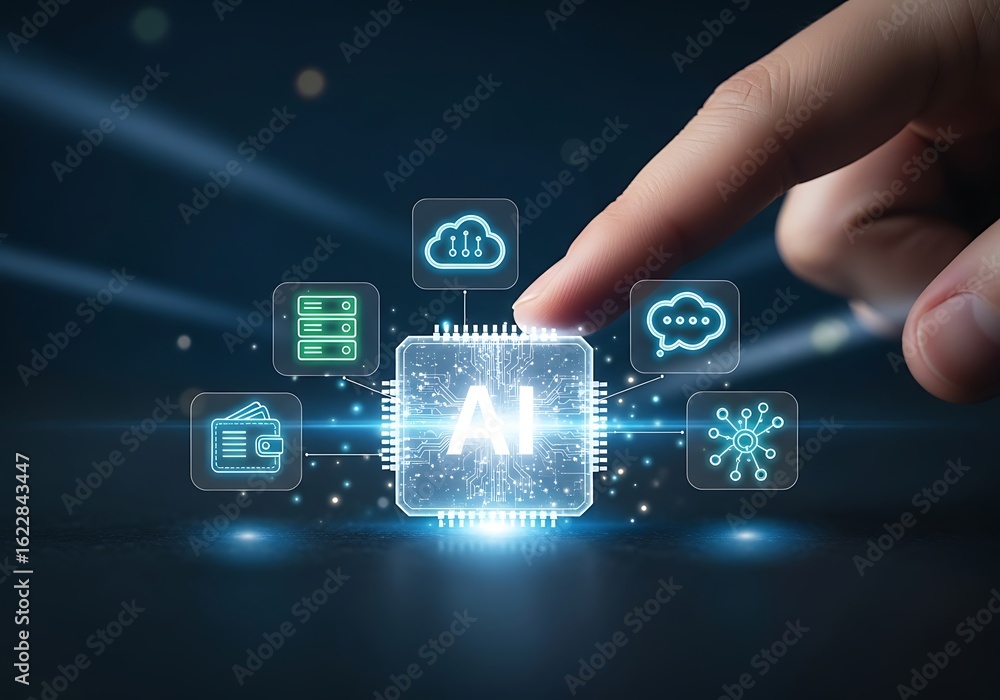 Aufkleber hand interacting with futuristic ai microchip; cloud computing, data storage, and network connectivi