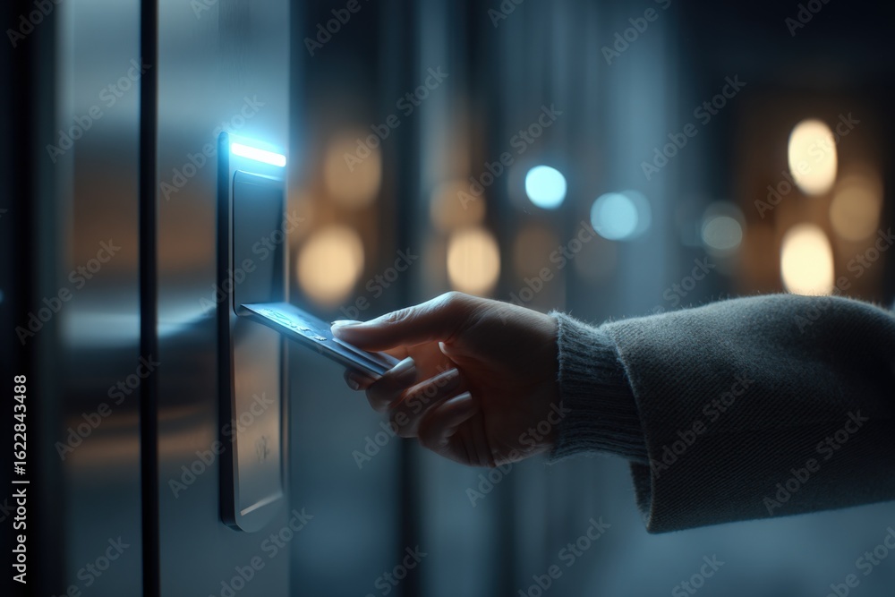 Poster accessing secure building entry with smart card technology for modern urban lifestyle and security s