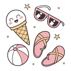 Cute kawaii summer icons with ice cream sunglasses flip flops and beach ball