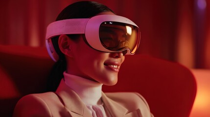 Woman Experiencing Virtual Reality with Modern VR Headset in Vibrant Red Room, Next Generation Technology