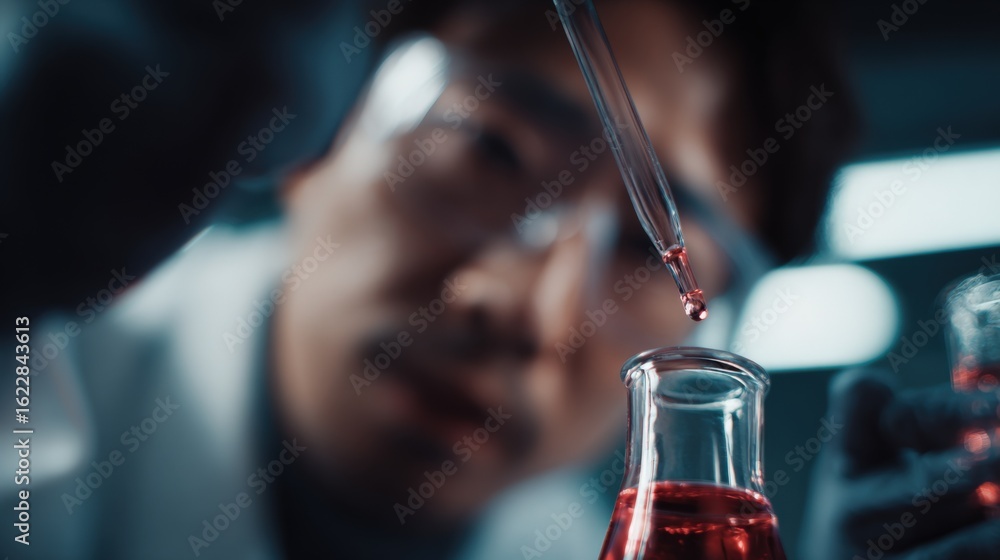 Poster scientist drops red liquid from pipette into flask during experiment in laboratory