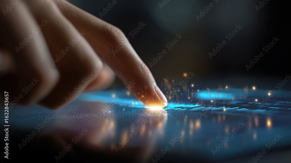 Poster digital touch: a close-up shot of a hand gently touching a luminous digital screen, the fingertips t