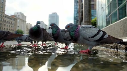 Picture of pigeons drinking water by the water in the city. The pigeons in the city drink water and play