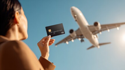 Woman holding a credit card with airplane in background, representing travel rewards and financial solutions