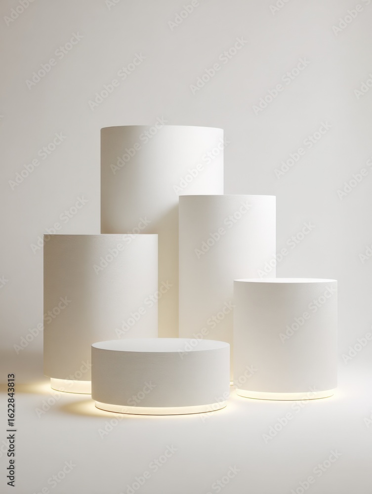 Poster minimalist display podium set: white cylinders with subtle illumination for product showcase and pre