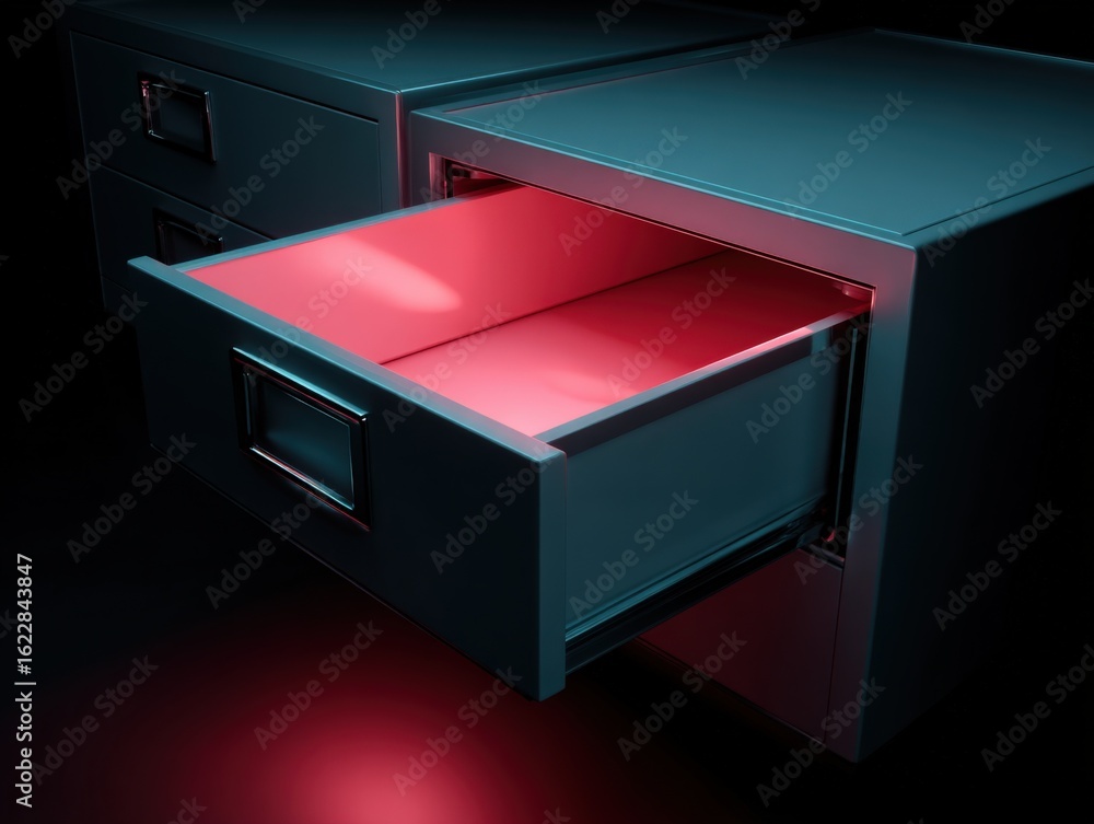 Poster illuminated open filing cabinet drawer revealing hidden information in dark office setting