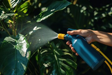 Hand spraying water on lush green plant leaves in bright natural sunlight