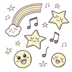 Cute kawaii style rainbow cloud stars and music notes seamless pattern