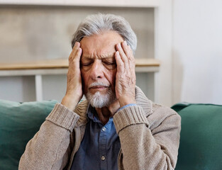 Portrat of an elderly senior man sitting alone at home, mature man in retirement being sad and...