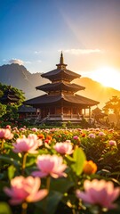 Fototapeta premium Pagoda Sunrise in Flower Garden