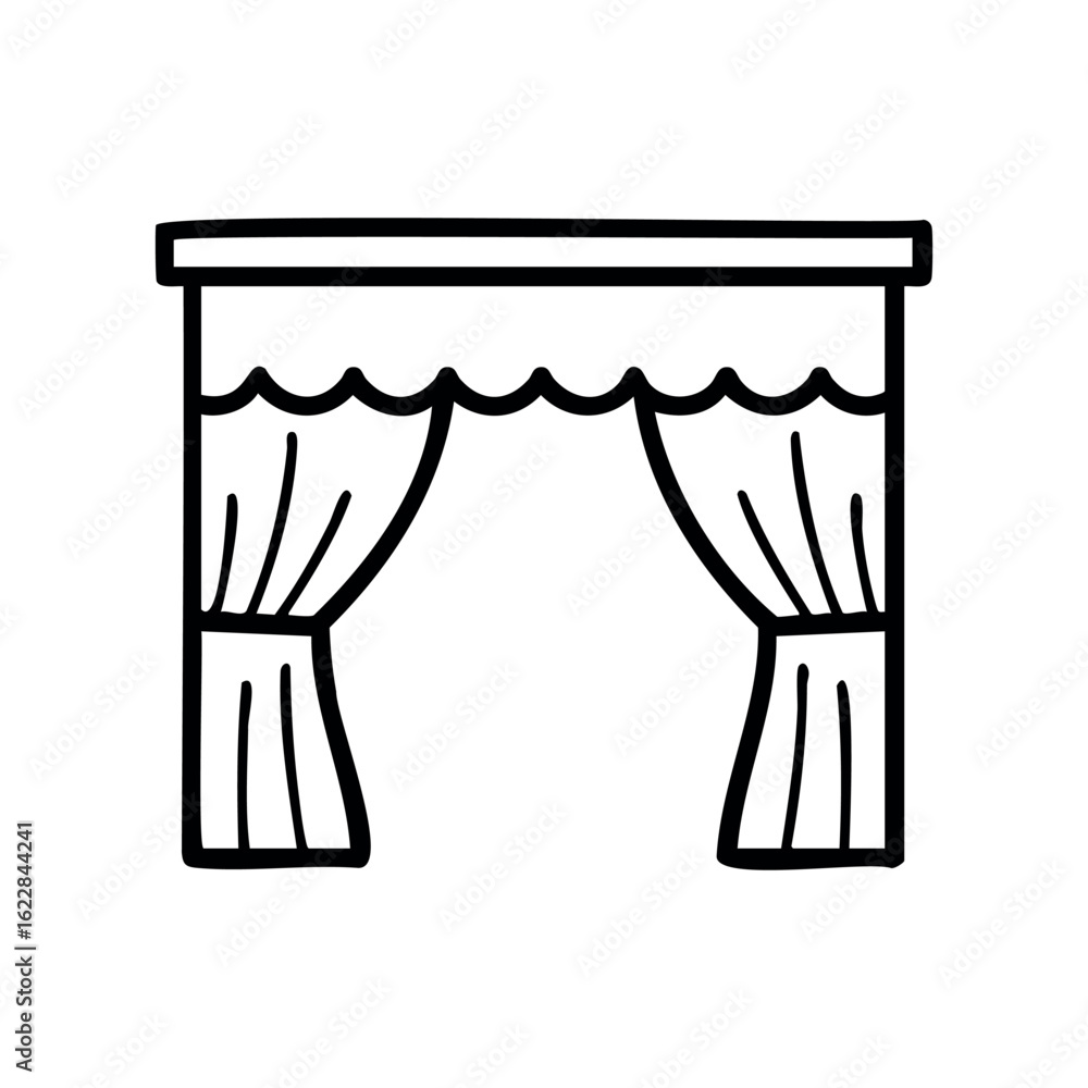 Poster simple black and white illustration of a window with curtains – stock vector icon in line style