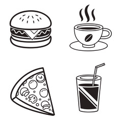 Black and white icons of fast food and drinks