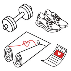 Healthy lifestyle elements including a dumbbell running shoes yoga mat and a health article