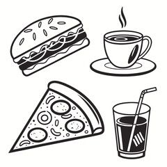 Black and white illustration of fast food items including a burger pizza coffee and soda