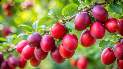 Obraz premium Vibrant red oval shaped dogwood berries ripening on a branch with lush green leaves and a softly blurred sunlit background in a garden
