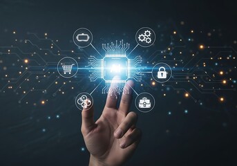Fototapeta premium Hand Interacting with Futuristic AI Technology Interface: E-commerce, Security, and Business Solutions.