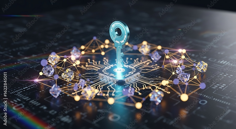 Poster cybersecurity key: futuristic digital network encryption, blockchain technology, data protection con