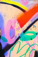 Vibrant graffiti art wall with neon yellow, pink, orange, green. Retro 90s, acid style, fluorescent spray paint texture. Street art, urban decor, modern 2000s visuals.