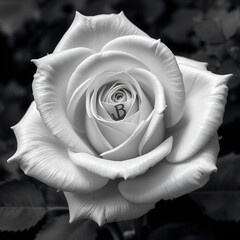 A black and white image showing a white rose with the letter.