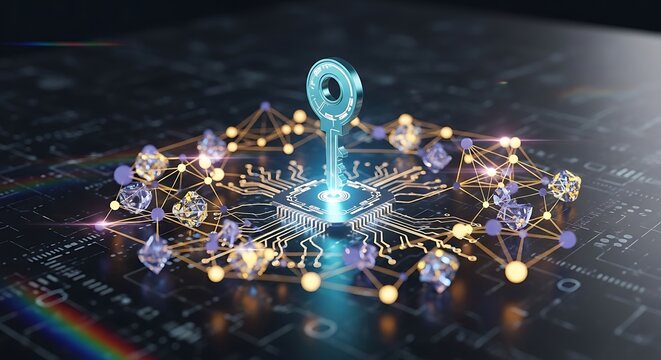 Cybersecurity Key: Futuristic Digital Network Encryption, Blockchain Technology, Data Protection Concept