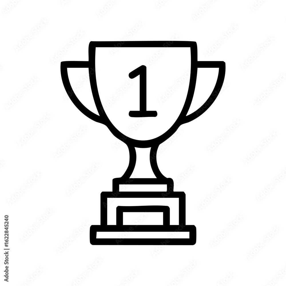 Poster black and white outline of trophy cup with number one symbol in simple design – stock vector icon in