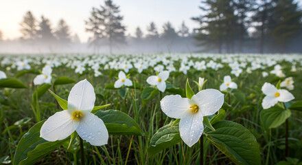 White Trillium Field in Early Morning Fog, Ontario Canada