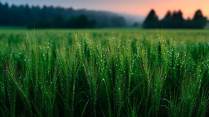 Lush green wheat field with morning dew vibrant nature landscape at sunrise