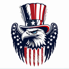 American eagle holding American flag in patriotic illustration with stars and emblem design