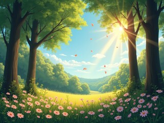 Enchanted forest frame with glowing yellow flowers and a beautiful view of the bright blue sky. Magical woodland clearing with sparkling lights and a natural arch of green leaves