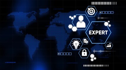 Expert digital illustration with global map icons and data visualization on black background - Powered by Adobe