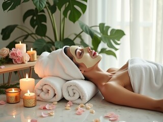 Woman relaxing on a wooden floor in a serene spa setting with glowing candles and flower petals. Peaceful wellness scene of a person meditating surrounded by warm candlelight