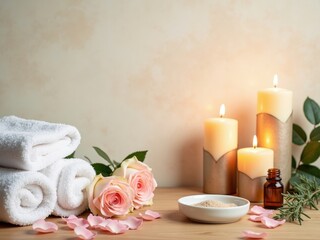Serene spa still life with glowing candles, pink flower petals, and bath salts for a wellness concept. Tranquil and relaxing scene with warm candlelight for meditation and aromatherapy