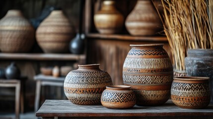 A captivating collection of handcrafted pottery in a rustic, traditional style