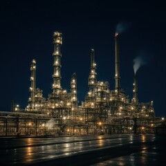  oil refinery with towering distillation columns, glowing lights, and wet reflective ground under a deep starry sky