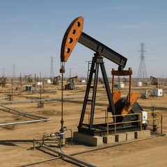  n orange and black oil pumpjack surrounded by pipelines, storage tanks, and additional pumpjacks under a clear blue sky in a vast oil field.