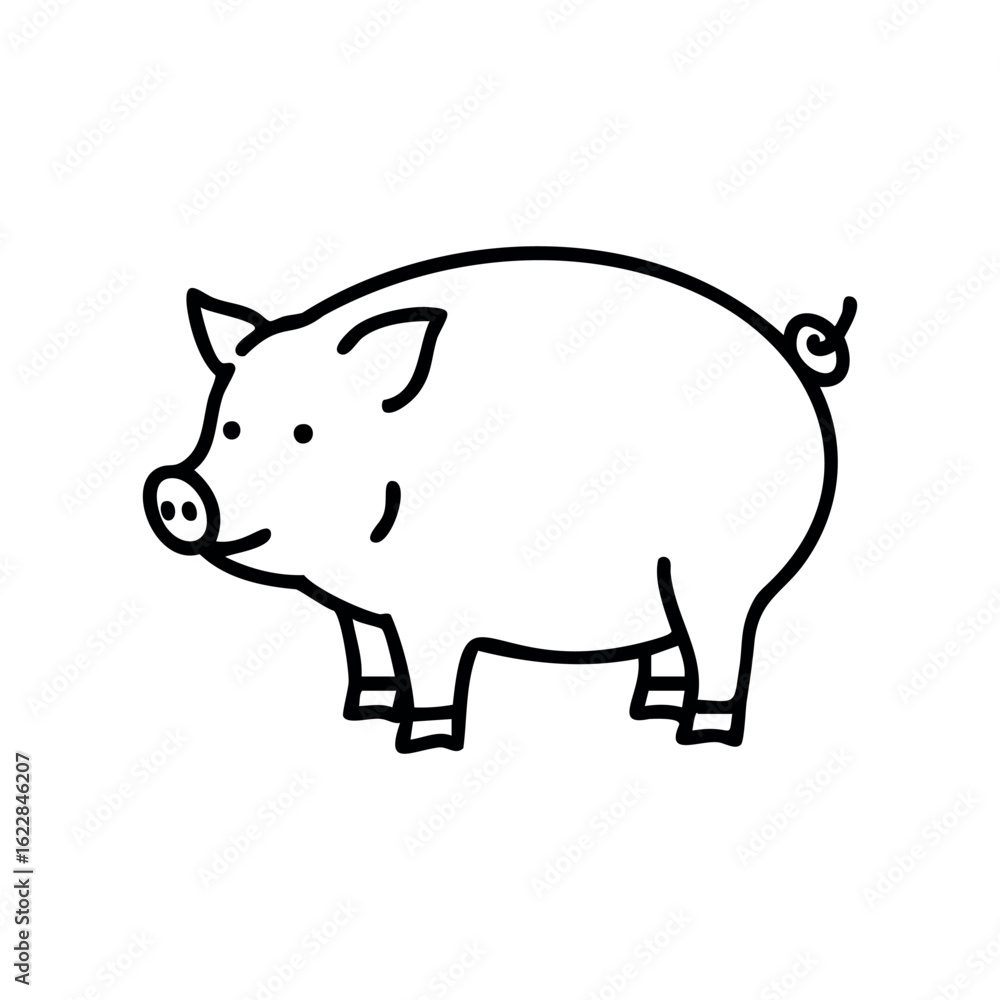 Poster simple outline drawing of a pig with curly tail in black and white – stock vector icon in line style