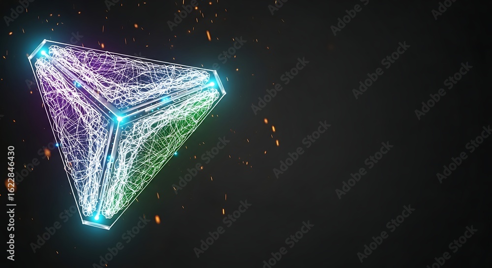 Poster abstract triangular neon structure: futuristic, glowing, energetic design element with sparks.