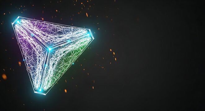 Abstract Triangular Neon Structure: Futuristic, Glowing, Energetic Design Element with Sparks.