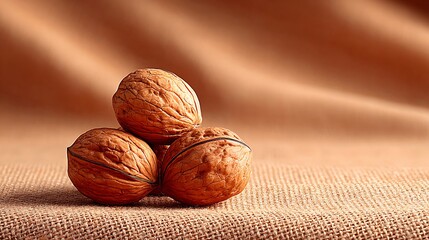 Three walnuts stacked on rustic textured background natural food concept
