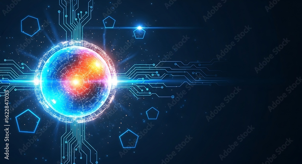 Poster abstract futuristic technology: glowing sphere connected by circuitry, digital network, data flow, i