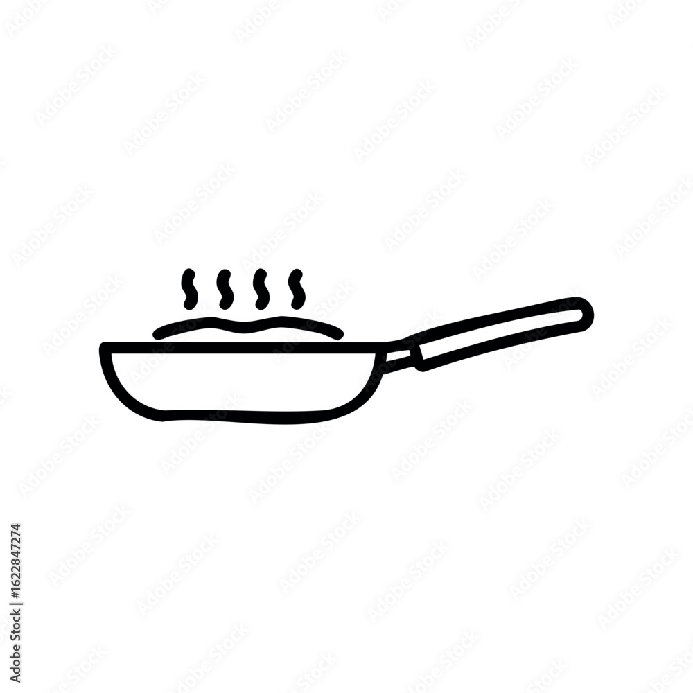 Poster simple frying pan icon with steam lines above in black outline – stock vector icon in line style