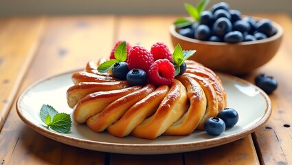 Gourmet Fruit Tart with Berries and Kiwi on Wooden Table