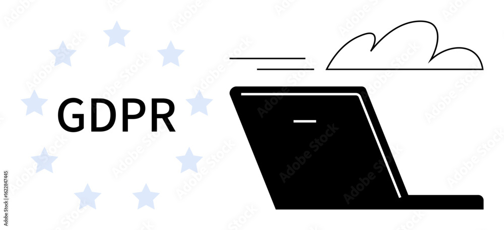 Poster laptop with cloud and motion lines complements gdpr text and stars. ideal for security, privacy, com