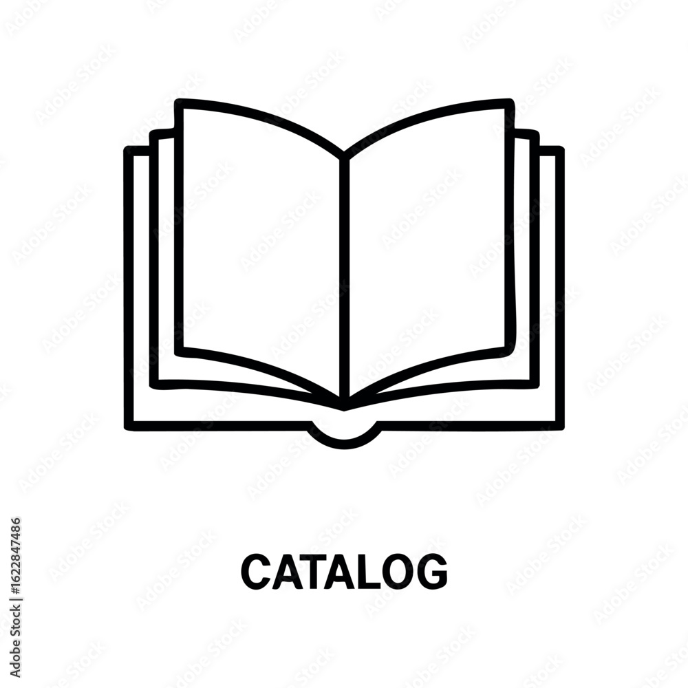 Aufkleber open book line drawing with the word catalog below – stock vector icon in line style