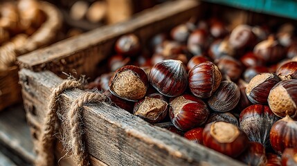 Chestnuts in rustic wooden crate, close-up showcasing autumn harvest textures and tones