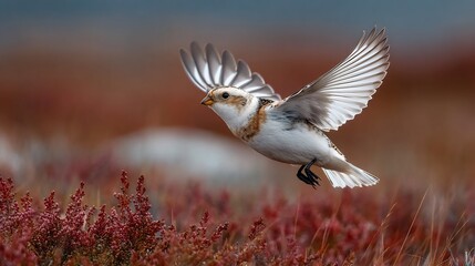 A snow bunting in flight over a field of heather with wings spread and blurred background in focus